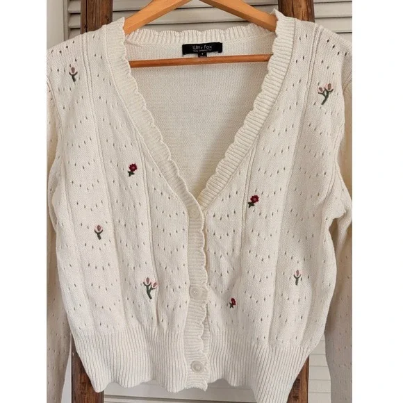 Wittty Fox Cream Floral Embroidered Cropped Cardigan Sweater Cottagecore - Picture 3 of 4